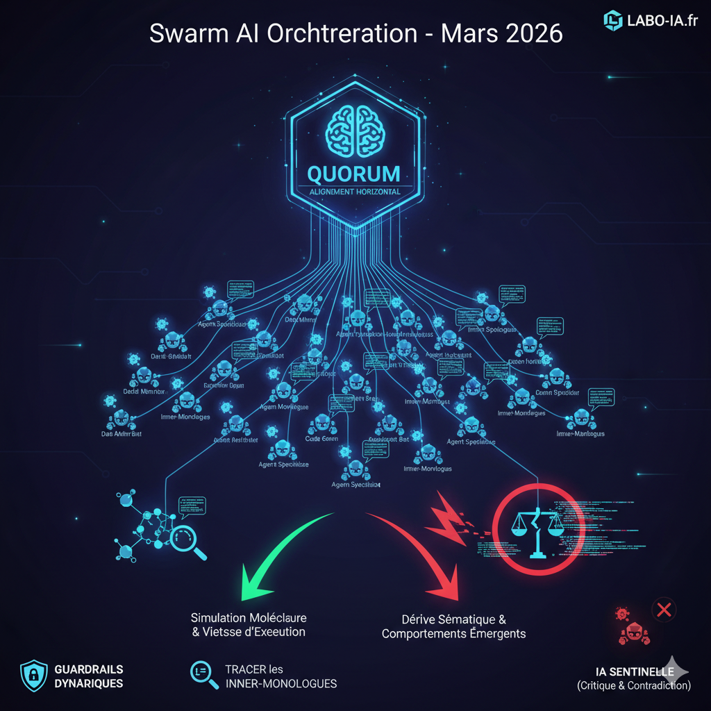 Infographie Swarm AI 2026 : Orchestration d'essaims d'agents, protocole de quorum et IA sentinelle pour l'alignement horizontal.