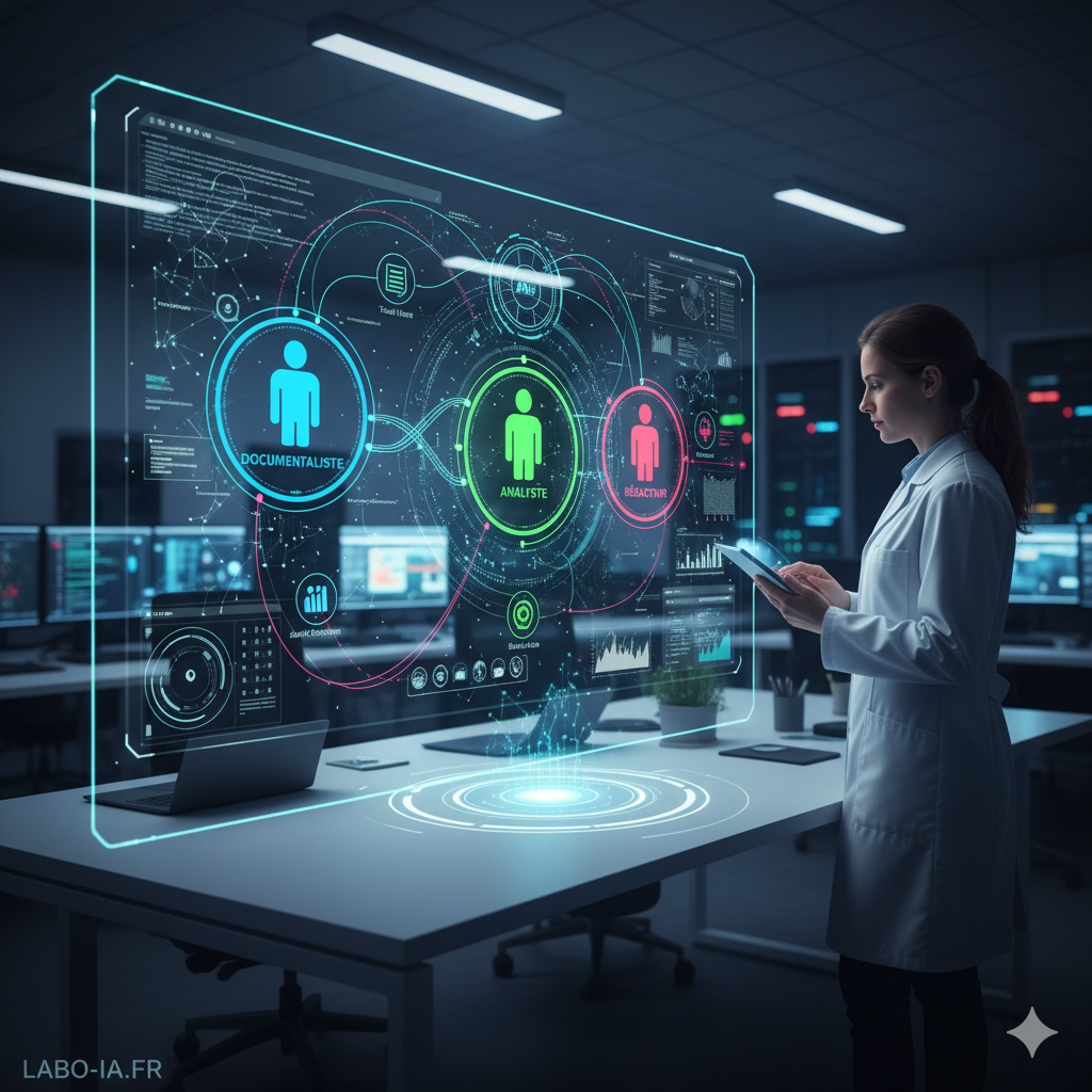 Illustration d'une chercheuse supervisant une équipe d'agents IA (Documentaliste, Analyste, Rédacteur) dans un laboratoire moderne en 2026.