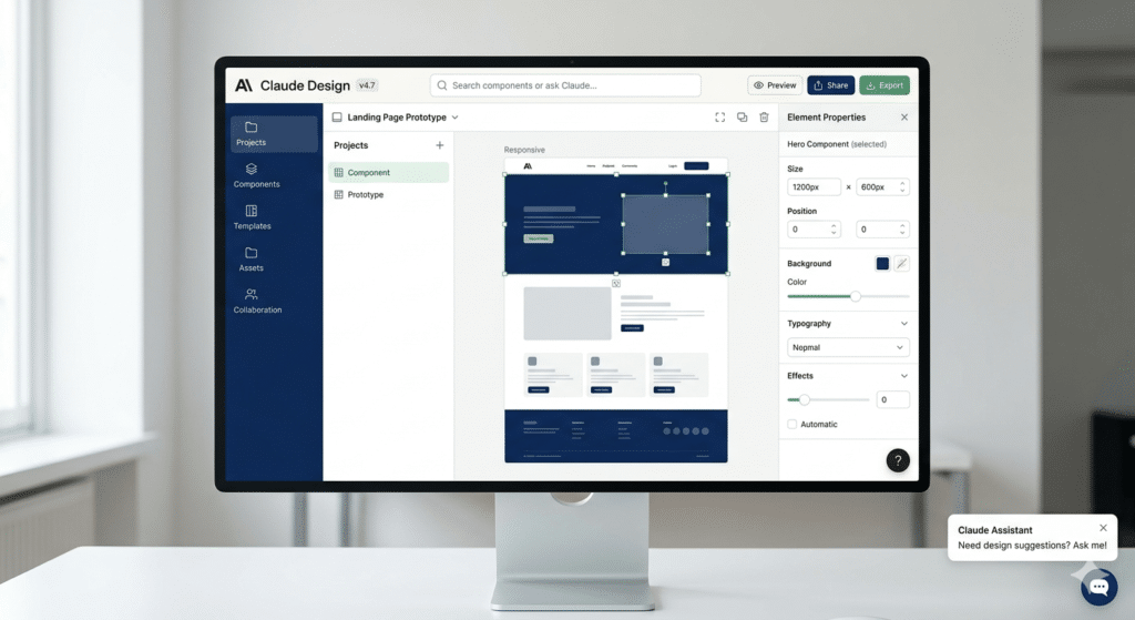 Interface utilisateur Claude Design version 4.7 Anthropic.