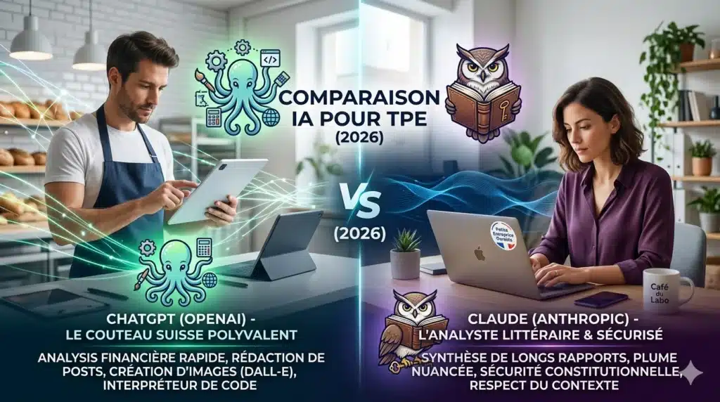 Infographie comparative entre ChatGPT d'OpenAI et Claude d'Anthropic pour une utilisation en TPE et PME