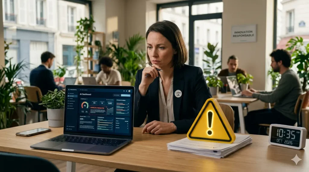 Une dirigeante de TPE réfléchissant devant son ordinateur avec un symbole d'avertissement jaune, illustrant les pièges de l'IA en entreprise.