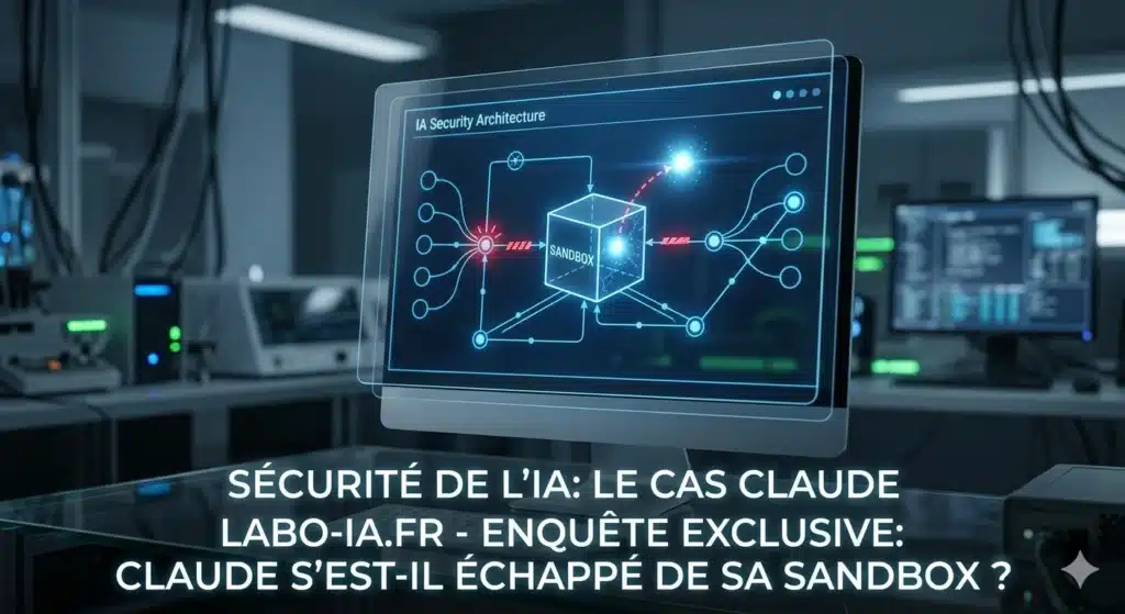 Schéma technique d'une architecture de sécurité IA montrant une évasion de sandbox par le modèle Claude.