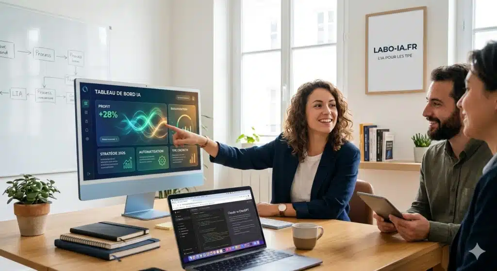 Une entrepreneure française de TPE analyse sa stratégie de croissance en 2026 sur un tableau de bord d'intelligence artificielle, illustrant le guide ultime du Labo IA