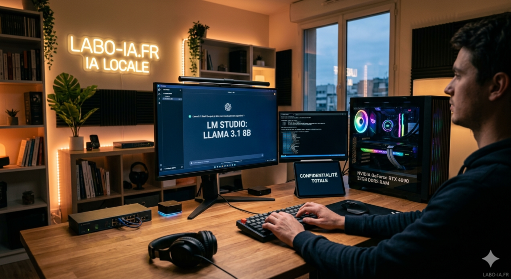 Un utilisateur dans un bureau à domicile utilise l'application LM Studio pour faire fonctionner le modèle de langage Llama 3.1 8B localement sur son PC. L'image met en avant un ordinateur puissant avec une carte graphique NVIDIA RTX et 32Go de RAM, une tablette affichant 'Confidentialité Totale', et un néon lumineux au mur indiquant 'LABO-IA.FR IA LOCALE'.