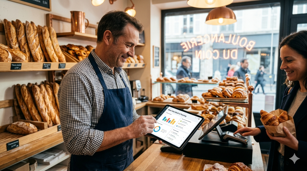 Artisan boulanger utilisant une tablette avec un logiciel d'IA pour gérer sa TPE en 2026