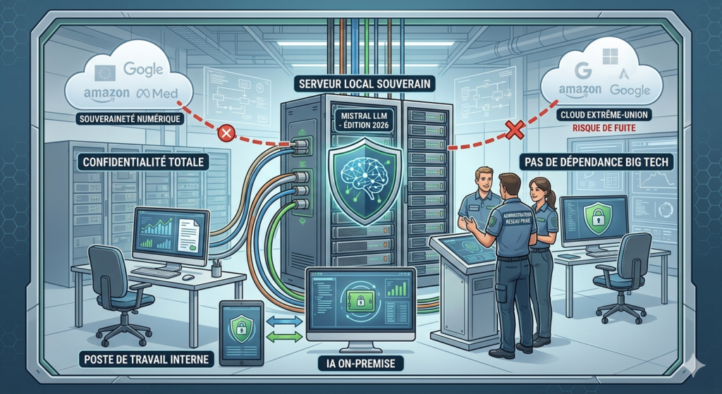 Schéma d'une infrastructure IA on-premise sécurisée avec un serveur local souverain déconnecté des Big Tech pour une confidentialité totale.