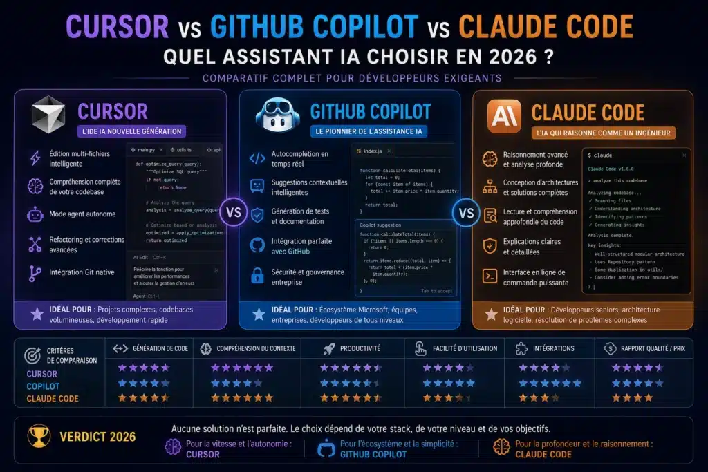 Comparatif entre Cursor, GitHub Copilot et Claude Code montrant les différences de productivité, génération de code et assistance IA pour les développeurs en 2026.
