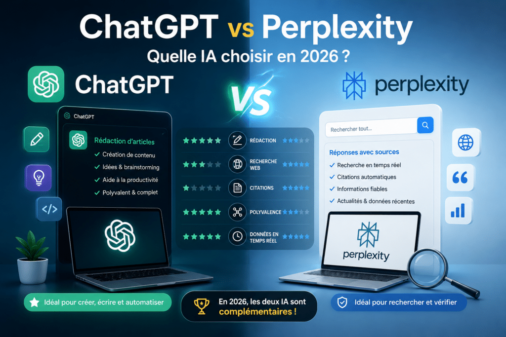 Comparatif entre ChatGPT et Perplexity en 2026 pour la rédaction, le SEO et la recherche d’informations avec intelligence artificielle.