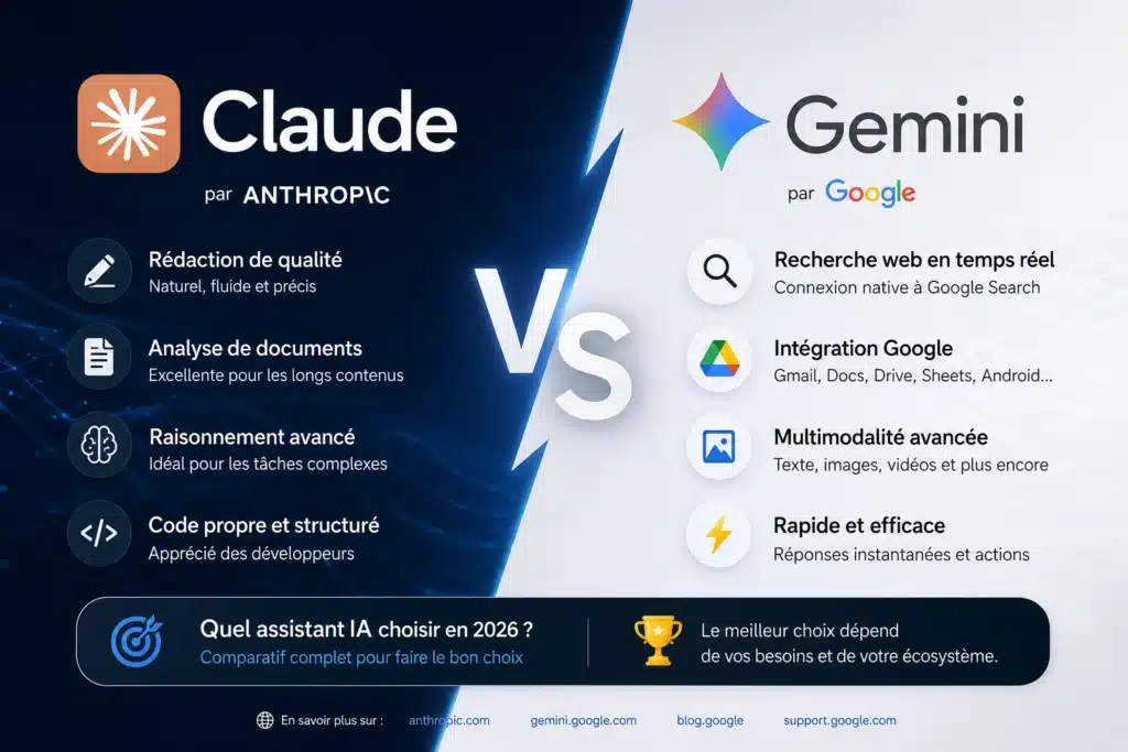 Illustration comparative entre Claude AI d’Anthropic et Gemini de Google montrant les différences en rédaction SEO, analyse de documents, multimodalité, recherche web et productivité IA en 2026.