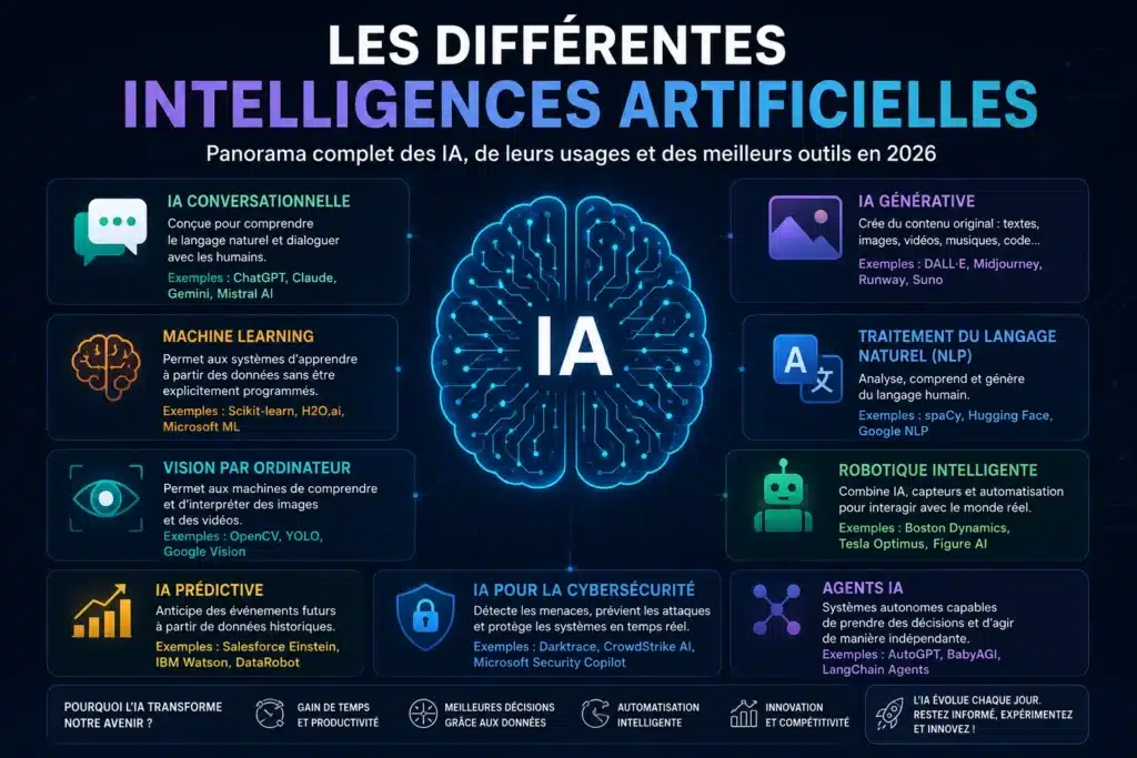 Infographie présentant les différentes intelligences artificielles en 2026 : IA générative, machine learning, deep learning, agents IA et IA conversationnelles.