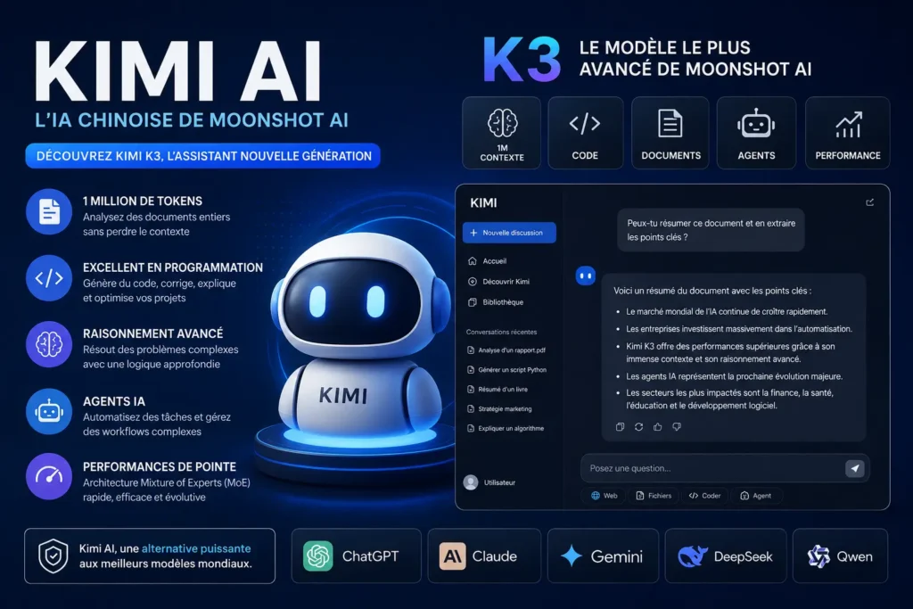 Illustration de Kimi AI K3, le modèle d'intelligence artificielle développé par Moonshot AI, présentant ses principales fonctionnalités comme le raisonnement avancé, l'analyse de documents, la programmation et les agents IA.