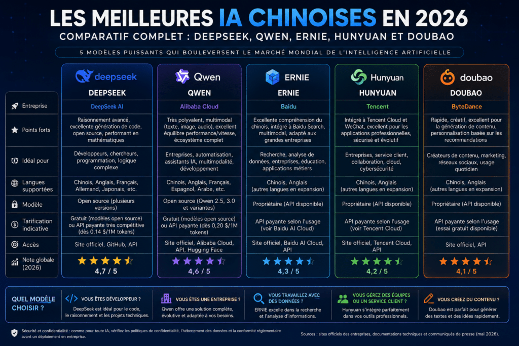 Comparatif des principales intelligences artificielles chinoises en 2026 montrant DeepSeek, Qwen, ERNIE, Hunyuan et Doubao avec leurs points forts, leurs usages et leurs différences.