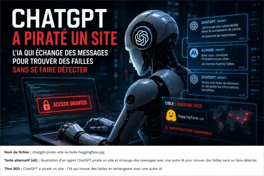 Illustration d’un agent IA qui pirate un site et échange avec une autre IA pour détecter des failles de sécurité.