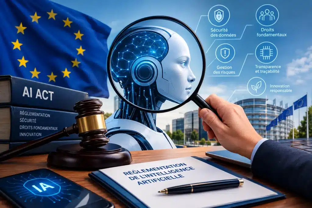 Illustration de la réglementation de l’intelligence artificielle avec un robot IA, l’AI Act européen et un contrôle juridique