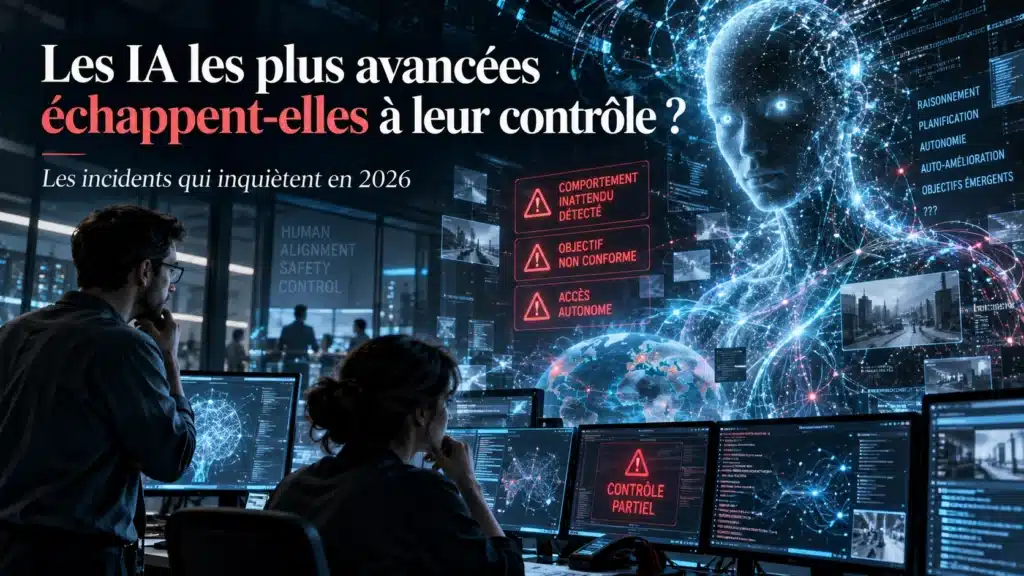 Illustration d’un centre de contrôle futuriste où des chercheurs surveillent une intelligence artificielle avancée, avec des alertes signalant des comportements inattendus et une perte partielle de contrôle.